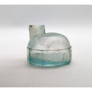 Antique J&IEM Aqua Glass Igloo Inkwell Moores Excelsior School Writing Warren MA